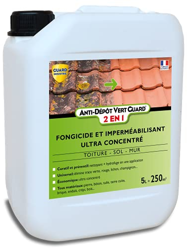 GUARD INDUSTRIE - Anti Dépôt Vert Guard 2 en 1 - Imperméabilisant Fongicide Invisible, Hydrofuge, Anti Champignon, Lichen, Algue - Tous Matériaux - Fabrication Française - Bidon - 5 L - Traite 250 m2