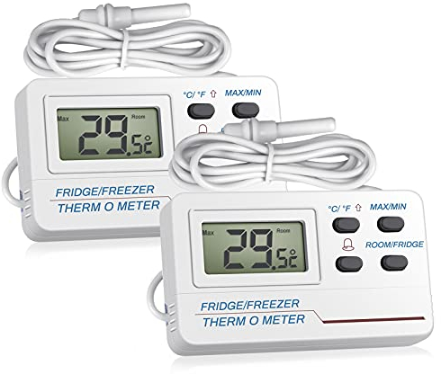 Fridge Thermometer Digital, Welltop Freezer Thermometer with Probe, Freezer Alarm with Max/Min Memory for Home Kitchen Bars Cafes