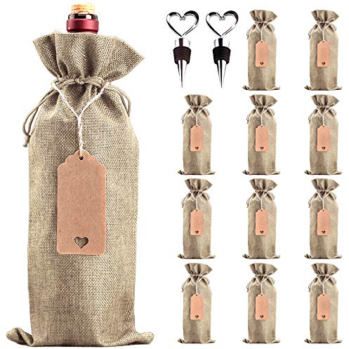 LZYMSZ 12 Stück Sackleinen Weinbeutel, Wiederverwendbare Weinflasche Geschenktüten mit Kordelzug, Tags, Seile und Flaschenverschlüsse, Weinflaschenabdeckungen (Wood)