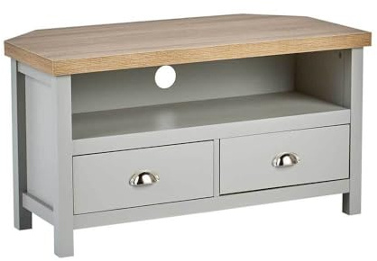 Home Source Corner TV Stand Entertainment Cabinet Television Unit, Oak Effect, Grey, 2 Drawer