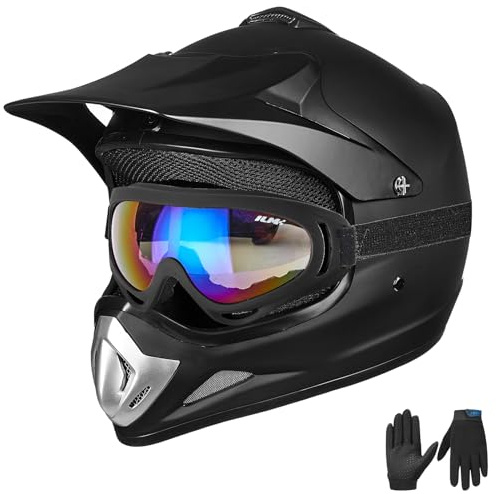 ILM Youth Kids Dirt Bike Helmet ATV Motocross DOT Off-road Street Helmet Goggles Gloves Full Face Protective Helmet Model BLD-818(Matte Black,Youth-Large)