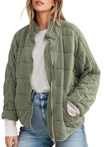 SAUKOLE Womens Winter Dolman Long Sleeve Full-Zip Quilted Jacket Coat Warm Outerwear Green