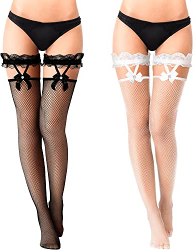 SATINIOR Lot de 2 paires de bas résille en dentelle avec nœud et bretelles pour femme, noir/blanc, L