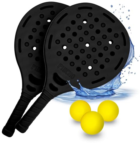 Pincho Racchettoni da Spiaggia Set Beach Tennis, Giochi da Spiaggia, Palline Beach Tennis Eva, Padel Racchetta Water Resistant, Giochi da Giardino - 2 Racchette + 3 Palle, 44 cm, 260 g