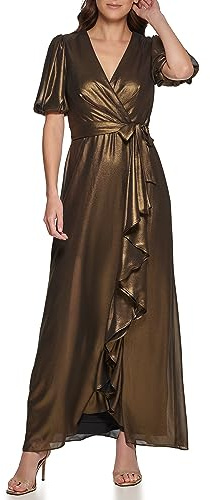 DKNY Vestido de Gasa con Volantes y Cuello en V para Mujer, Dorado (Blk/Gold), 12