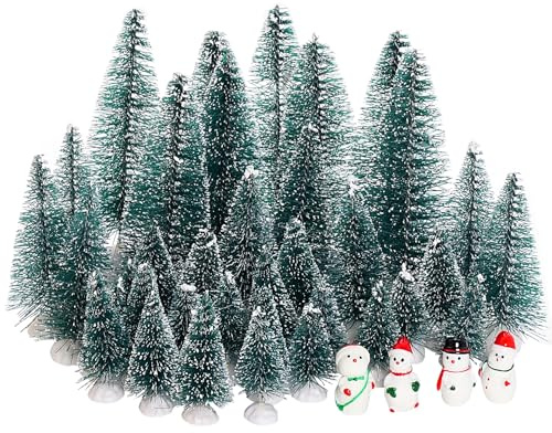 Yookat 40 Pieces Mini Christmas Trees Bottle Brush Trees Sisal Trees Mini Pine Trees with Wooden Base Bottle Brush Christmas Tree and Christmas Figures Decoration for Christmas Decoration (Dark green)