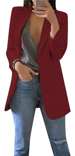 OMZIN Mujeres Frente Abierto Casual Cardigan Boyfriend Lapel Collar Plain Oficina Blazer con Bolsillos Vino Rojo M