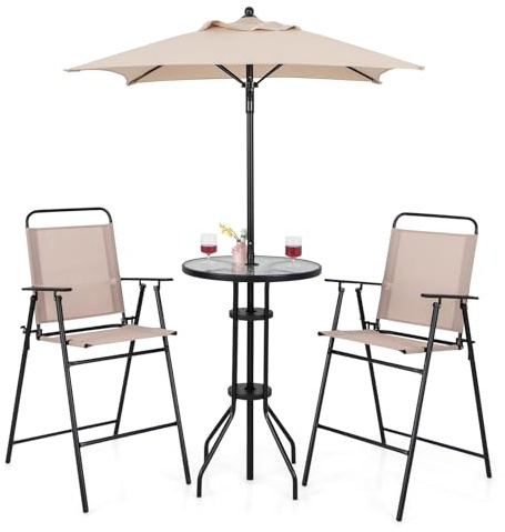 COSTWAY Set Mobili da Giardino 4 Pezzi in Metallo, Tavolo in Vetro e 2 Sedie Pieghevoli, Tavolo da Giardino con Ombrellone e Sedie, per Giardino, Portico, Balcone (Con Ombrello)