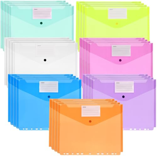FAAING 28 Fundas de Plástico Transparentes para Multitaladro A4, Carpetas de Plástico Archivables A4, con Perforación, Organización con Botón de Presión y Bolsillo para Etiquetas, 7 Colores