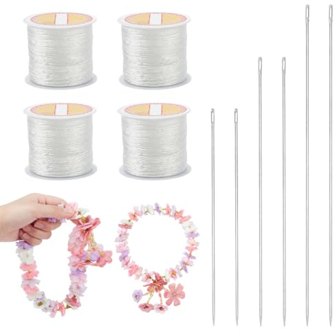NBEADS 10 Pcs kit D'Aiguilles Lei, 6 Pcs 3 Tailles Aiguille à coudre Lei à Gros Yeux 4 Rouleaux Cordon D'aiguille Lei Rond pour Crochet et Tricot la Fabrication de Lei de Fleurs Accessoire de Couronne