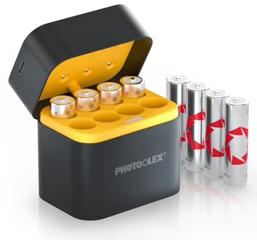 PHOTOOLEX Pilas Recargable AA de Litio con Cargador, 3600mWh Capacidad Paquete de Salida Constante y descarga 3A de 1,5V Pilas AA, con caja de almacenamiento de carga integrada para flash blink Cámara