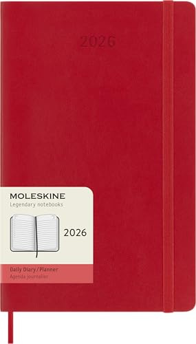 Moleskine Daily Planner, Agenda Giornaliera 2026 12 Mesi, Con Copertina Morbida e Chiusura Elastica, Formato Large 13 x 21 cmColore Rosso