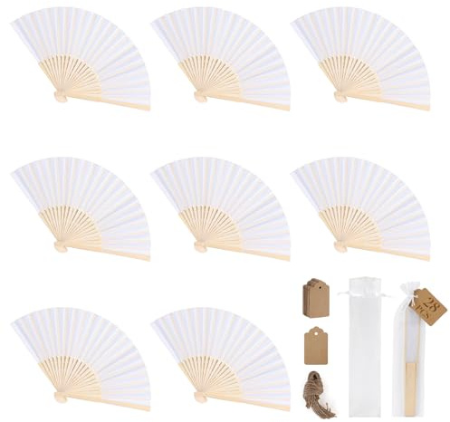 SWAWIS 28 Pezzi Bianca Ventaglio di Carta, Ventagli Pieghevoli con 30 Sacchetti di Organza e Biglietti di Ringraziamento, Ventaglio di bambù Colore Solido per Matrimoni Decorazioni Battesimo DIY