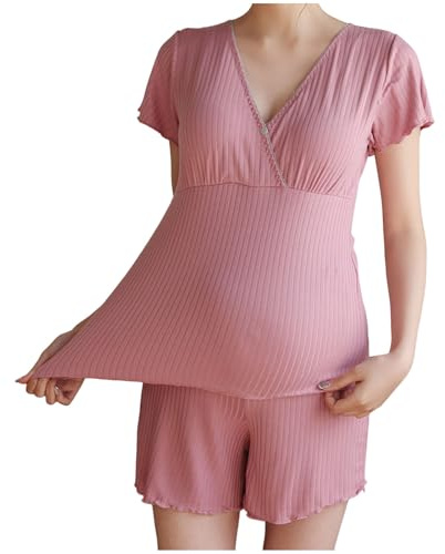 Glücksvogel Damen Umstandsmode Stillpyjama-Set, Kurzarm-Stillshirts, Schwangerschafts-Shorts, 2-teiliges Stillpyjama Stillen Schlafanzug Kurz Umstandspyjama Set Stillfunktion Schwangerschaft (L)