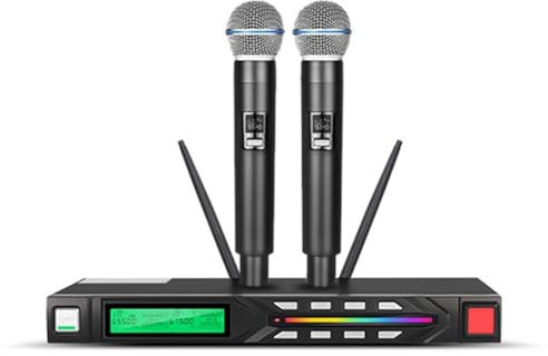 Muyilanc Professionellt mikrofonset, långdistans-UHF-mikrofon med dubbel antenn för karaoke scenisk prestanda, EU-kontakt.