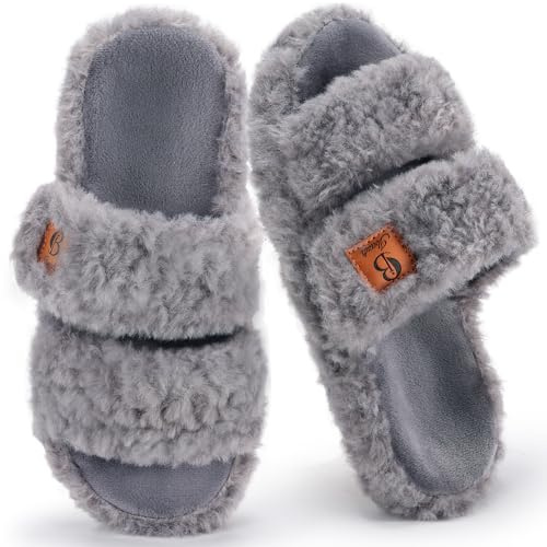 Ibeauti Womens Fuzzy Slippers Memory Foam Adjustable Open Toe Slide Comfy House Shoes for Indoor Bedroom (Grey, US Footwear Size System, Adult, Women, Numeric Range, Medium, 9, 10)