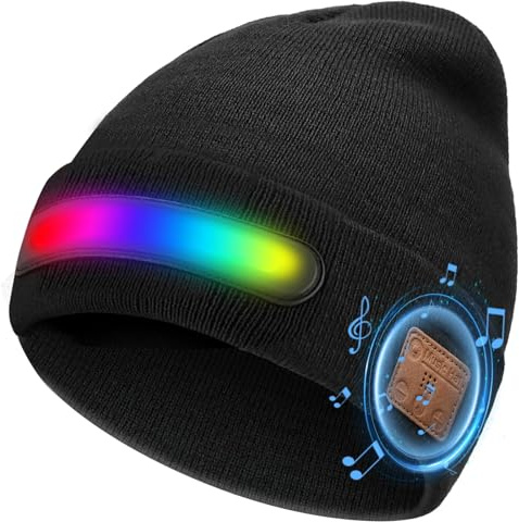 Yaskyly Bluetooth-hatt herr dam vinter med LED-ljus, termisk stickad Bluetooth-mössa mössa mössa med stereohörlurar och handsfree-mikrofon, julklapp herr pappa