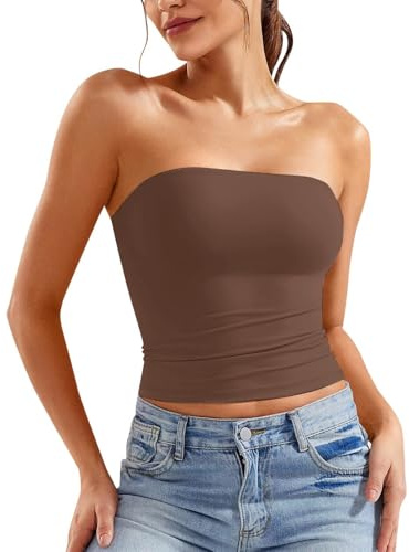 Bandeau Tube Top Femme Haut Court Dos Nu T-Shirt Sexy Caraco sans Bretelles Débardeur sans Manches Y2K Crop Top Bustier Mode Couleur Unie Slim Fit Tube Tops