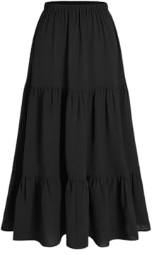 CIDER Petite Mid Rise Elastic Waist Ruffle Hem Tiered Maxi Skirt: Black, S