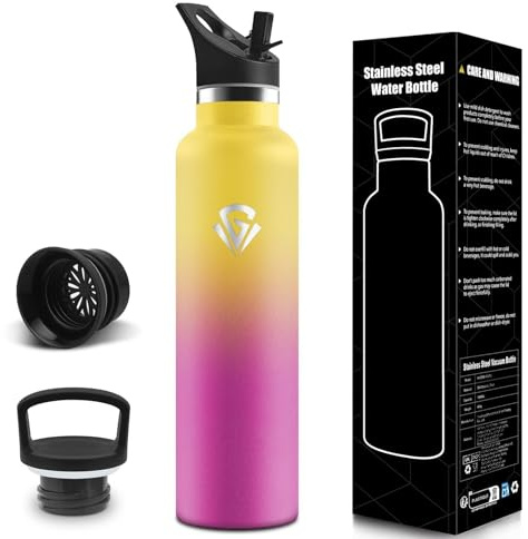 Borraccia Termica, 1L Senza BPA, Borracce Termiche, Bottiglia Acqua Con Cannuccia e 2 Coperchi, Borraccia Acciaio Inox, 18/8 Acciaio Inossidabile, Borracce per Palestra, Ufficio - Giallo&rosa