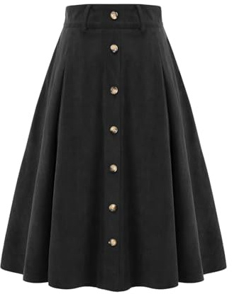 Kjol dam midilång manchesterkjol A-linje kjolar vintage vinterkjol tallrikskjol basic casual hög midja fritidskjol med fickor, svart, L