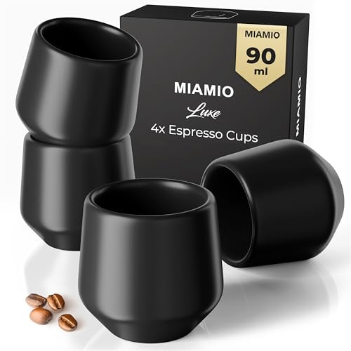 MIAMIO - Set di Tazzine da Espresso 4 Pezzi (90 ml) / Tazzina da Espresso, Tazzine da Espresso in Ceramica, Tazza Senza Manico, Tazze da Tè Giapponesi - Collezione Luxe (Black)