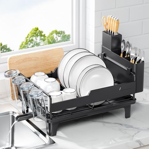 Escurridor de platos Compacto, Escurreplatos de Acero Inoxidable con Bandeja para Encimera de Cocina, Ahorra Espacio,con Gran Soporte para Cubiertos,Negro,para el Hogar,Residencia de Estudiantes,RV