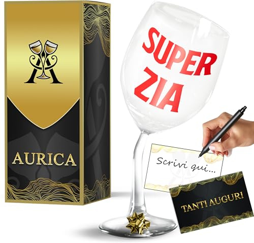 Aurìca Calice Vino Personalizzato SUPER ZIA – Bicchiere Piegato Per Brindisi Speciali Con La Zia Preferita Regalo Simpatico E Originale Che Fa Sempre Colpo Con Confezione Regalo Inclusa