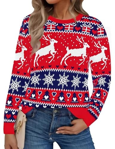 Aseniza Pull de Noël Femme à Col Rond avec Renne et Flocons Pull de Noel Femme Hiver Tricoté à Manches Longues Cadeau de Noël Idéal Élégant et Drôle,Rouge,L