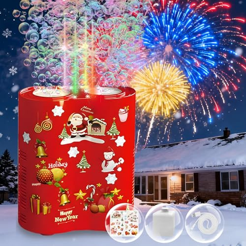Macchina per Bolle di Fuochi D'rtificio 26 Fori con 240ml Soluzione e Adesivi Fai-Da-Te, Automatica Macchina Per Bolle con Luci, Regalo per Feste, Matrimoni e Natale