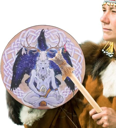 9- ljudläkare Shaman-trummor – Shaman handtrummor, handtrumma med trumpinnar, present för Shamans Tool musikälskare. | Varghuvud design sibirisk trumma för meditation, ande musik, ritualer