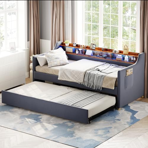 Besbed Single Bed with Pull Out Trundle, 3ft Platform Bed with Charging-Station and LED Light, Velvet Bed Frame with Side Pockets & Bookcase and Storage Cupboard, Gray 90x190 cm (No Mattress)