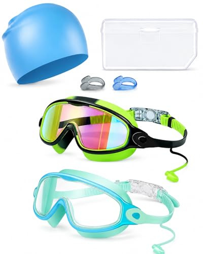 TorsuupTittan Kids Swimming Goggles 2 Pack with Swim Cap, Swim Goggles for Kids Ages 6-14 Boys Girls, Anti Fog UV Protection No Leak Wide View Kids Goggles with Nose Clips, Ear Plugs & Case