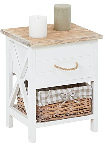 IDIMEX Table de Chevet Perugia Table de Nuit 1 tiroir et 1 Panier en Bois de Paulownia Style Shabby Chic Vintage Rustique campagnard Blanc