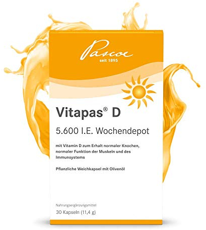 Vitapas D: 5.600 I.E. Vitamin D3 als Wochendepot – 30 pflanzliche Weichkapseln für Immunsystem, Muskeln & Knochen, vegetarisch, 30 Kapseln