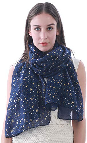 Lina & Lily Écharpe Châle Foulard Femme Imprimé Étoiles (Bleu Marine + Or)