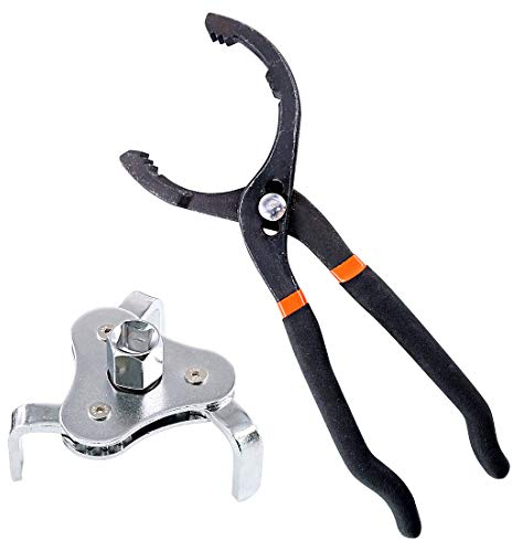 Swpeet 2Pcs 12 Inch Large Adjustable Oil Filter Pliers with Universal 3 Jaw Oil Filter Wrench Tool for Diameters 2 1/8-4 1/2 Inches Fits ⅜ and ½ inch Drive Removing Motorcycles Cars Trucks