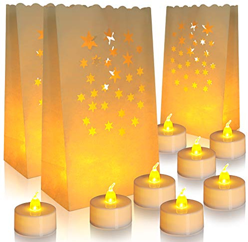 ANZOME Flameless Tea Lights with 30 Packs Luminary Bags, 30 Battery Operated LED Unscented Tea Lights Fake Tea Candles with Realistic Flames, Christmas, Weddings, Parties, Festivals, Halloween Decor