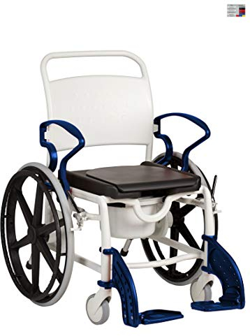 FabaCare Dusch- Toilettenrollstuhl Genf, 24 Zoll Räder, bis 130 kg, made in Germany, Premium Toilettenstuhl, Duschstuhl fahrbar, Rollstuhl mit WC Eimer, Grau-Blau
