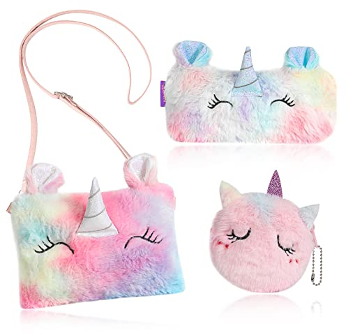 HIFOT 3 Stück Einhorn Plüsch Umhängetasche Portemonnaie Federtaschen Kinder, Regenbogen Geldbörse Verstellbare Umhängetasche für Kleinkinder, Mädchen
