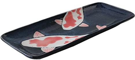 Plato de cerámica japonesa Mino-yaki para sushi, rectangular, 29,5 cm, diseño de carpas rojas sobre cerámica negra, fabricado en Japón