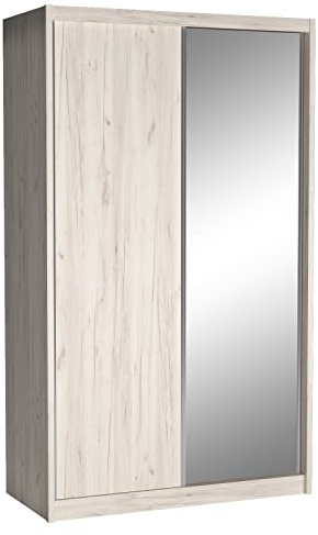 Cool24 Karol Kleiderschränke - Modern Schwebetürenschrank - Kleiderschrank mit Spiegel und Kleiderstange - Schlafzimmerschrank 140 cm mit 7 Regale - Kleiderschrank Sand - Schrank Schlafzimmer