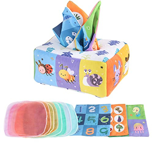 fanelod boîte à mouchoirs, boîte à mouchoirs en Tissu, Jouets sensoriels Doux lavables et Pliables pour bébé, Jouets sensoriels Traction pour bébé avec 3 papiers à hochet Double Face