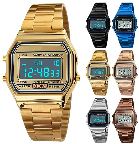 Yuehuamech Montre numérique à quartz pour homme - Montre-bracelet de luxe business - 30 m - Chronographe électronique - Montre numérique étanche - Montre de sport - Avec bracelet en acier inoxydable