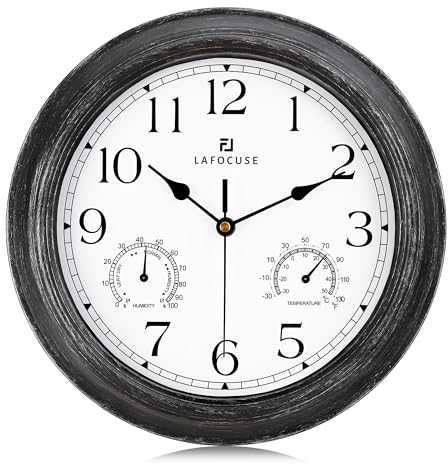 Lafocuse 12 Inch Silent Outdoor/Indoor Waterproof Wall Clock with Temperature and Humidity Combo, Kitchen Black Wall Clocks Battery Operated for Patio Porch Garage-Version 2.0