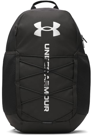 Under Armour Unisex Hustle Sport 6.0 Rucksack, wasserabweisender Sportrucksack mit Polsterung, bequeme Sporttasche mit vielen Fächern,Black/Black/Metallic Silver,OSFM