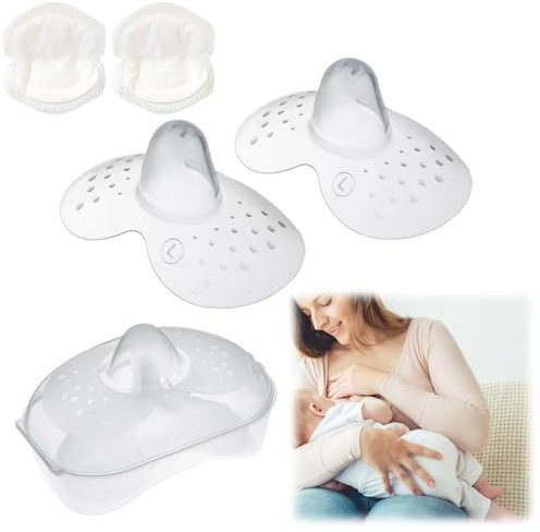 Stillhütchen Brusthütchen Silikon-Nippelschutz 2 PCS Silikon Brustwarzenschutz mit Aufbewahrungsbox 2PCS Einweg-Stilleinlagen für Stillende Mütter mit umgedrehten und Schmerzenden Brustwarzen (L)