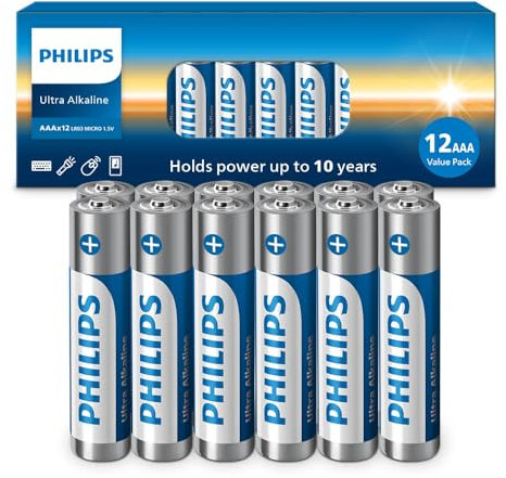 Philips AAA Batteries 12 Pack, 1.5v Ultra Alkaline Triple A. Batteries, 10-Year Shelf Life, Ultimate Long-Lasting AAA Battery, 129% More Power for Your Devices, Leak-Proof, Premium Performance.