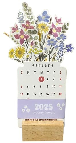 Dekorativ bordskalender | Blomplanerare med trästativ, organisatör för månadsplanering 2025, kompakt bordskalender, konstnärlig blomplanerare för postation