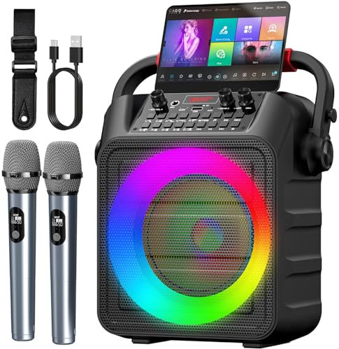 Máquina de Karaoke para adultoscon 2 micrófonos,Altavoz Profesional de Karaoke Bluetooth portátil con Luces LED,para Fiestas,Regalo,al Aire Libre,para TV,DJ.Sostener TF/USB/TWS/Mic/AUX